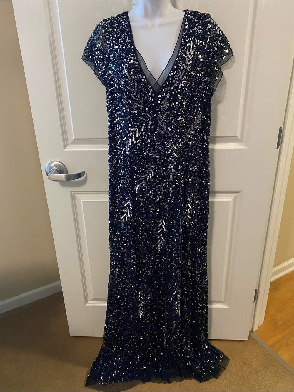 Adrianna Papell Navy Sequin V-Neck Maxi Gown